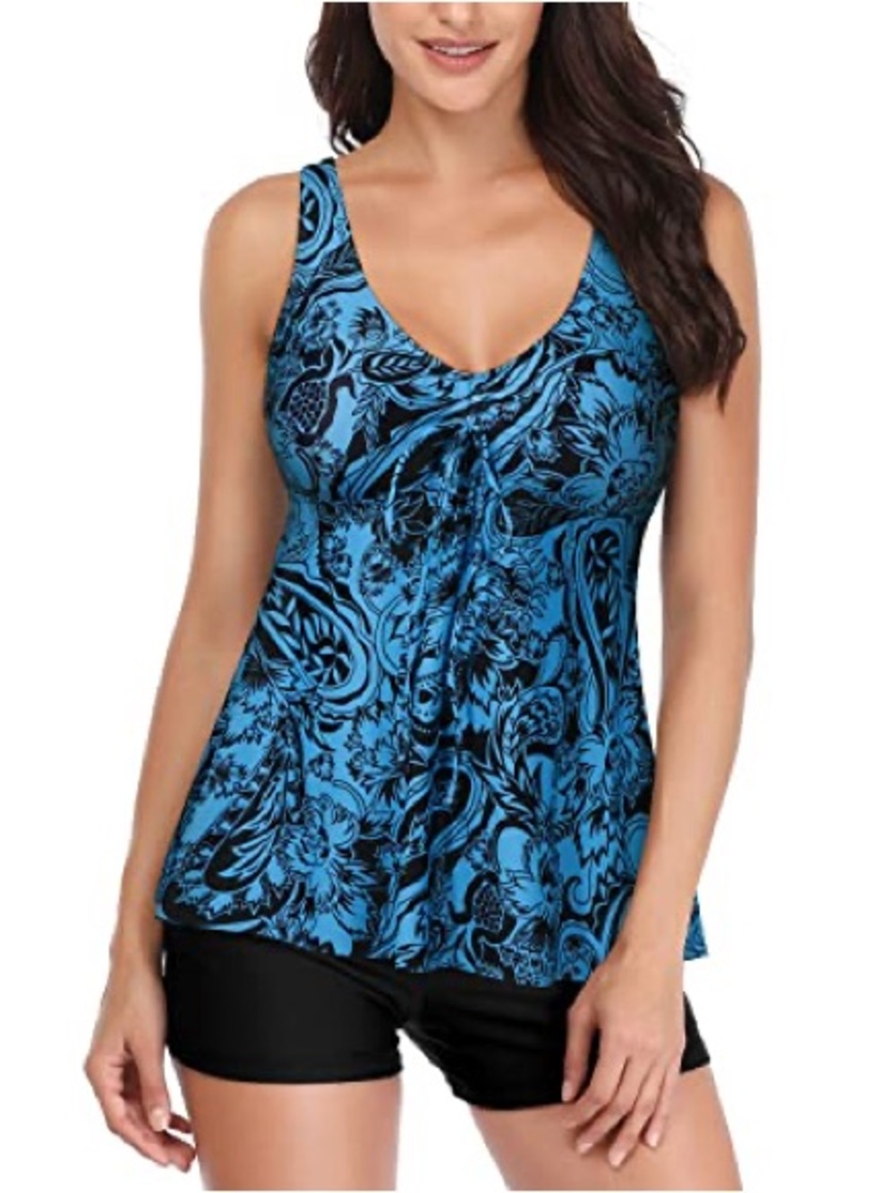 Women's Holipick Swimsuit Top Full Coverage tank top in black and tribal blue